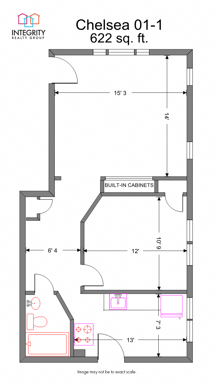 Floor plan for 1 bed, 1 bath, 622 sqft